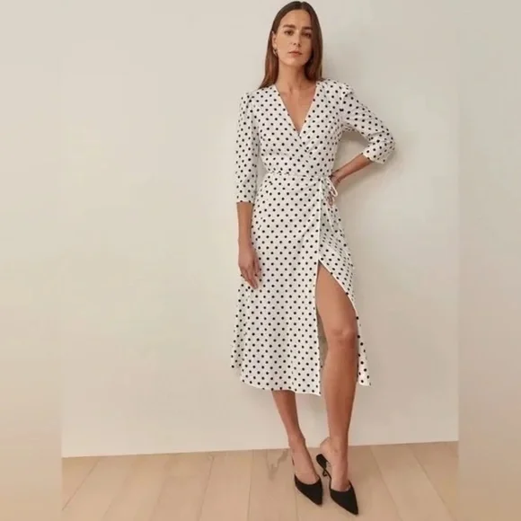 NEW Reformation Hilltop Midi Wrap Dress w/ Sleeves Polka Dot Malta Size S - Picture 2 of 14
